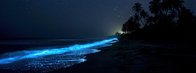 Night beach with bioluminescent glowing waves. The shore is lit by natural blue light of plankton under a starry sky with silhouettes of palm trees.