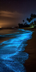 Night beach with bioluminescent glowing waves. The shore is lit by natural blue light of plankton under a starry sky with silhouettes of palm trees.
