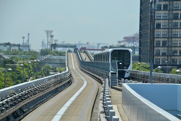 Japan monorail transport through city in Tokyo