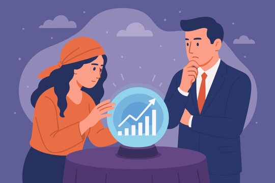 Business fortune teller predicts stock market growth, investment opportunity, economic forecast, business people analyzing financial trends with magic crystal ball, vision concept
