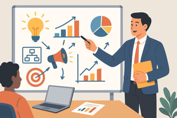 Business strategy planning presentation with charts, marketing plan, product launch, innovation, advertising, data analysis, target, teamwork, success concept illustration