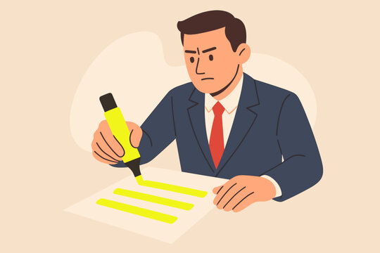 Businessman highlighting important information with yellow marker. Office agenda, planning, reminder, note-taking, organization, productivity, business meeting, success strategy concept