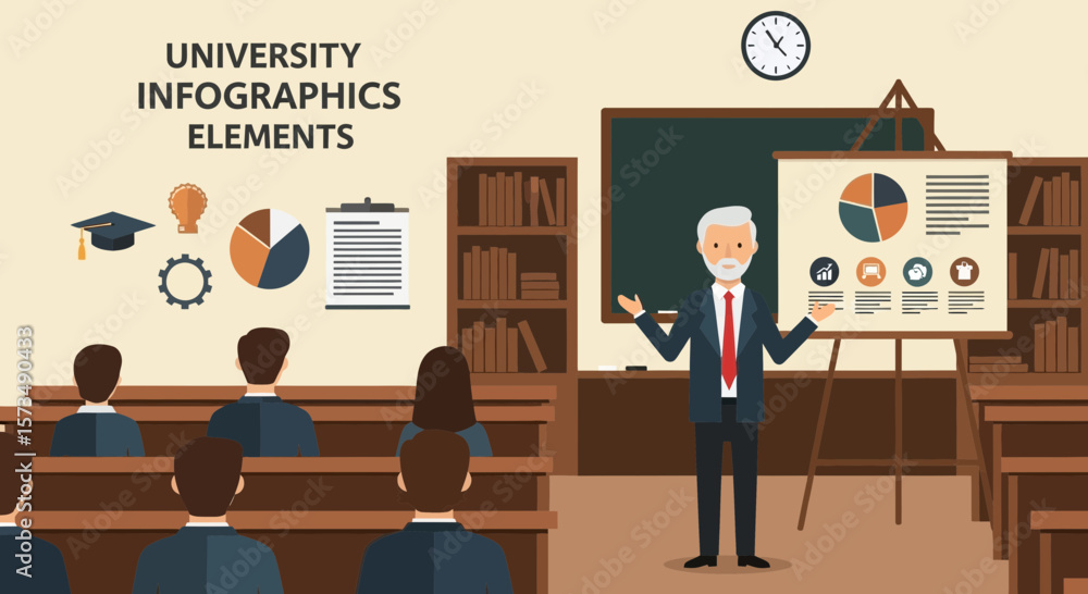 Poster university lecture scene with charts and professor in the classroom