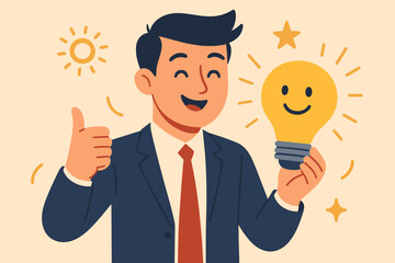 Confident businessman in suit giving thumbs up, holding smiling lightbulb, positive thinking, optimism, creative idea, problem solving, success, motivation, workplace concept