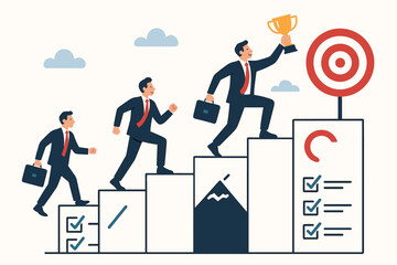 Businessman Career Growth Success Concept. Progression from Start to Achievement. Climbing Steps, Completing Tasks, Overcoming Challenges, Winning Competition, Reaching Target Goal