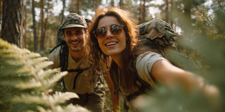 A happy couple with backpacks smiles brightly at the camera while enjoying a refreshing hike through a lush, green forest, epitomizing the joy of outdoor adventure and togetherness - Powered by Adobe