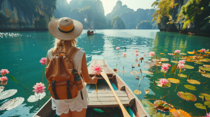 Young caucasian female exploring serene tropical lake on canoe with backpack