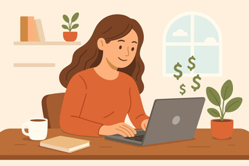 Self employed freelancer making money online. Young woman or online business owner working remotely from home. E-commerce business concept. Individual job or distance worker.