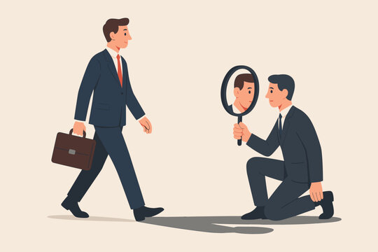 Self assessment and self analysis process concept. Businessman with briefcase walking, another man kneeling holding magnifying glass reflecting face. Career planning, goal discovery.