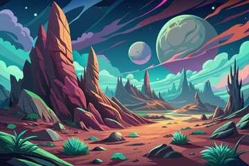 Alien Planet Landscape Vibrant Desert with Towering Rocks and Celestial Bodies