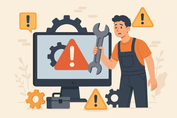 Computer system error, software problem or hardware failure, security alert warning, maintenance concept with young technician holding wrench, fixing technical issues