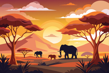 African Sunset Elephants Silhouetted Against the Setting Sun in Savannah Landscape