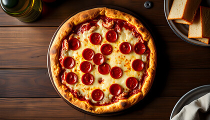 A freshly baked pepperoni pizza with melted cheese on a rustic wooden table.