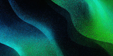 Abstract background with wavy shapes with green-blue gradient. black. saturated colors. particles. dots. banner. modern. textured illustration. dark style.