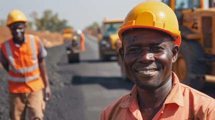 African male construction workers paving road