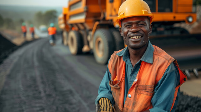 African adult male construction worker smiling on road building site with machinery
