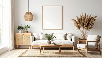 Empty Mocku up frame on the wall on Interior with Natural Light – Cozy Modern Living Room. Generated image