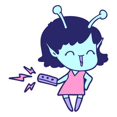 cartoon alien girl laughing with remote control in bright neon color