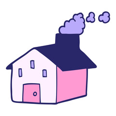 cartoon doodle house with smoking chimney in bright neon color