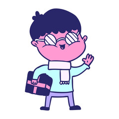Obraz premium cartoon boy wearing spectacles carrying gift in bright neon color