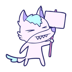 angry wolf cartoon with placard in bright neon color