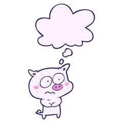 cartoon nervous pig with thought bubble in bright neon color