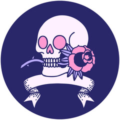 tattoo style icon with banner of a skull and rose in bright neon color