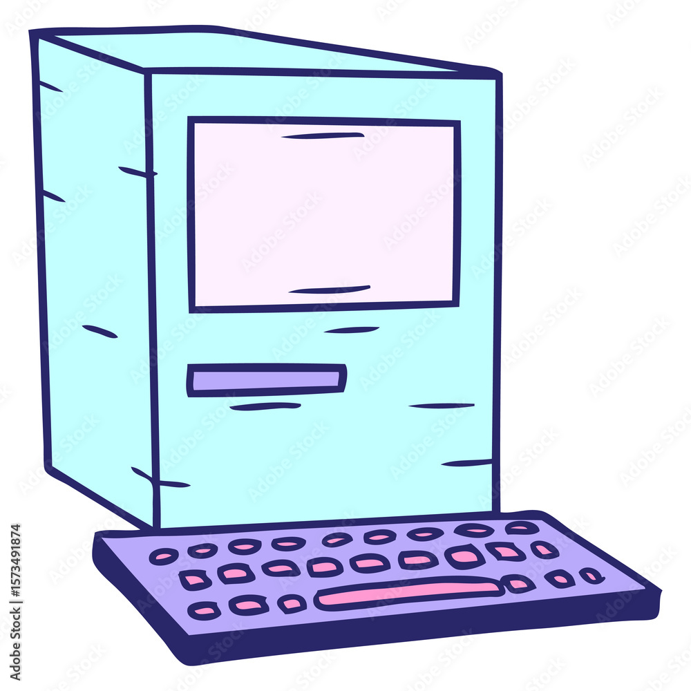 Fototapete hand drawn cartoon doodle of a computer and keyboard in bright neon color