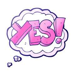 freehand drawn thought bubble cartoon yes symbol in bright neon color