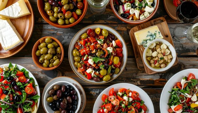 Delicious food on wooden table displaying cheese, salad, and olives for gourmet eating and Mediterranean cuisine.