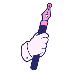cartoon hand holding fountain pen in bright neon color