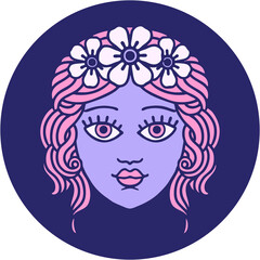 iconic tattoo style image of female face with crown of flowers in bright neon color