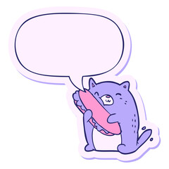 cartoon cat loving the amazing sandwich he's just made for lunch with speech bubble sticker in bright neon color