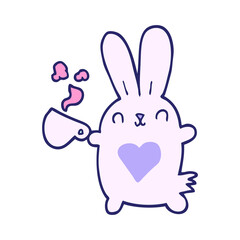 cute cartoon rabbit with love heart and coffee cup in bright neon color