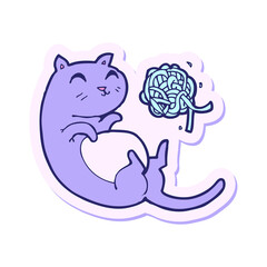 sticker of a cartoon cat with ball of yarn in bright neon color