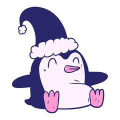 cartoon penguin wearing christmas hat in bright neon color