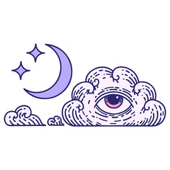 iconic tattoo style image of moon stars and cloud in bright neon color