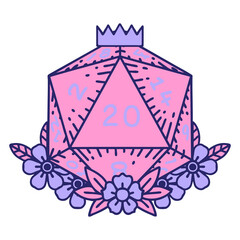 Retro Tattoo Style natural 20 D20 dice roll with floral elements in bright neon color
