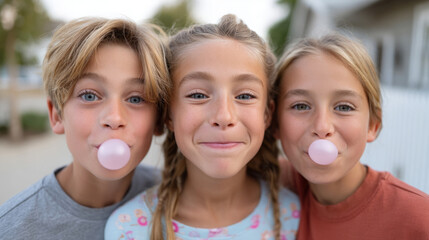Kids participating in bubble gum blowing contest outdoors