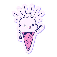 sticker of a tattoo style ice cream character waving in bright neon color