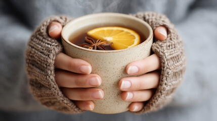 Cozy autumn moment: woman's hands embracing a warm cider mug with orange slice and star anise