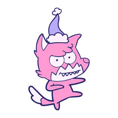 hand drawn line drawing of a grinning fox wearing santa hat in bright neon color