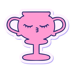 sticker of a cute cartoon trophy in bright neon color