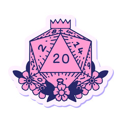 sticker of a natural 20 D20 dice roll with floral elements in bright neon color
