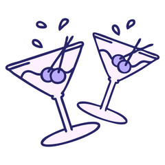 cartoon of martinin glasses clinking together in bright neon color