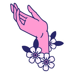 tattoo in traditional style of a hand in bright neon color