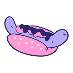 cartoon fresh tasty hot dog in bright neon color