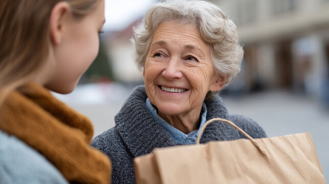 Teen assisting elderly woman with groceries in urban setting: community support concept