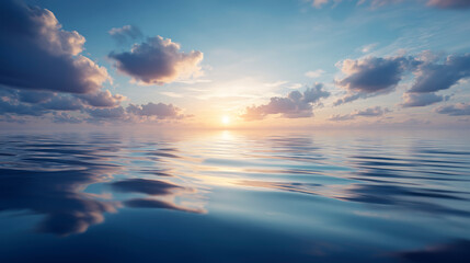 Serene ocean landscape at sunset, with calm water reflecting colorful clouds and a warm sun, creating a tranquil atmosphere for relaxation and contemplation