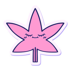sticker of a cute cartoon marijuana leaf in bright neon color
